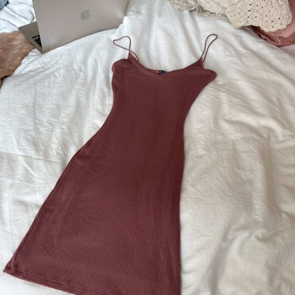 Windsor Ribbed Spaghetti Strap Mini Dress — Mauve Rose
